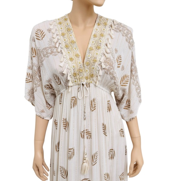 Zuri Embroidered Boho Maxi Dress Gold Embroidered Tassel V-Neck Free Size - Picture 4 of 9